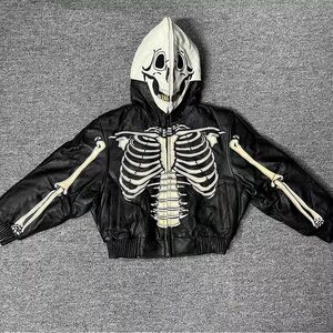 NEW Genuine Real Leather Kids boys girls Jacket Coat Hoodie Skeleton Halloween